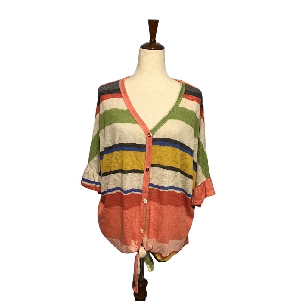 CY Fashions Oversized Striped Tie Front Top LG